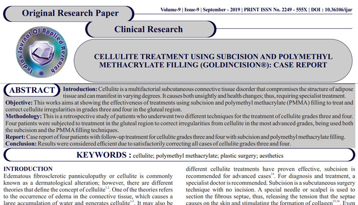 capa do artigo sobre Tratamento para celulite com subcisão associada a preenchimento com PMMA técnica Goldincision®