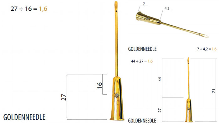 três fotos da agulha de ouro em diversos angulos mostrando suas dimensões que respeitam o rácio dourado de 1,618