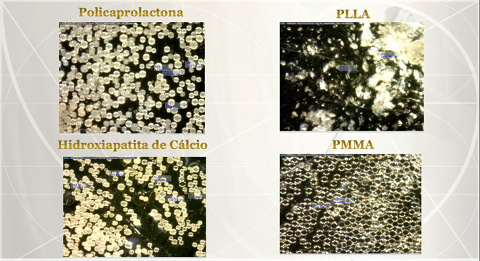 foto microscópica de quatro produtos particulados colocadas lado a lado para comparação do tamanho das microesferas