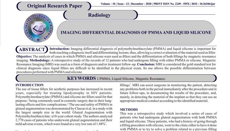 pedaço da primeira página com texto parcial do artigo sobre diferenciação de PMMA e silicone líquido por ressonância magnética