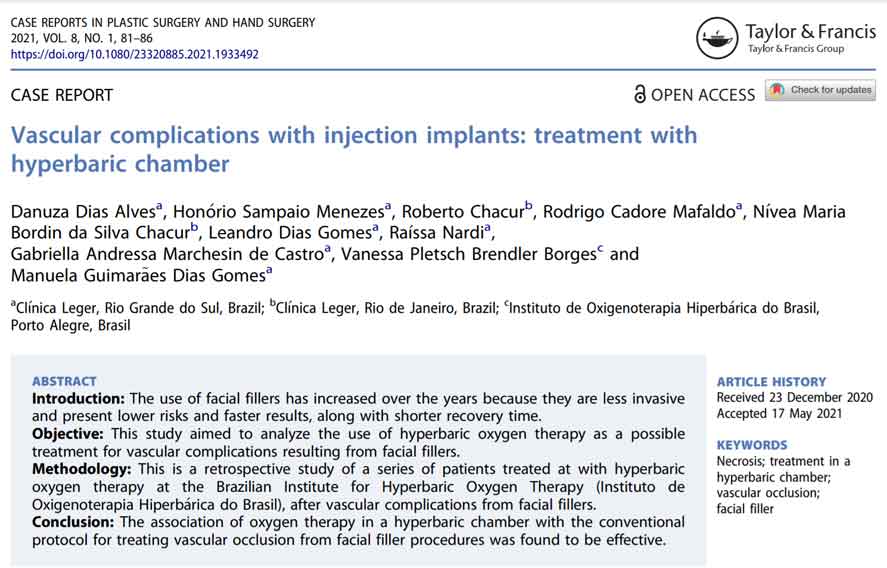 capa do artigo com o titulo complicações vasculares com implantes injetáveis: tratamento com câmara hiperbárica e o resumo do texto