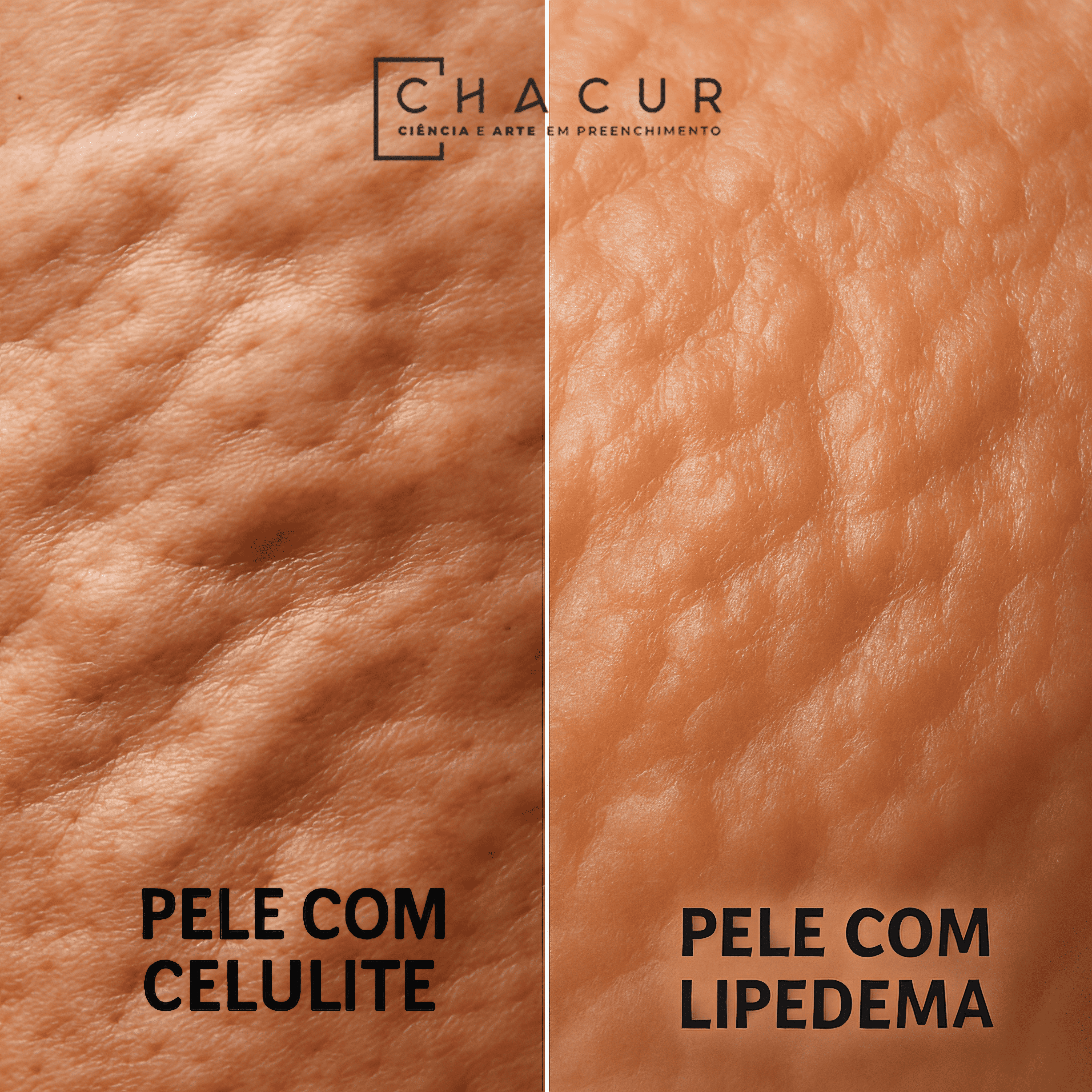 Comparação em close-up entre pele com celulite e pele com lipedema, mostrando diferentes texturas cutâneas.
